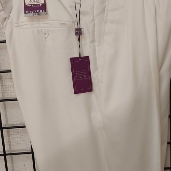 MEN'S VINCI COUTURE WOOL FEEL WHITE PLEATED PANT 42X34. - Picture 6 of 8